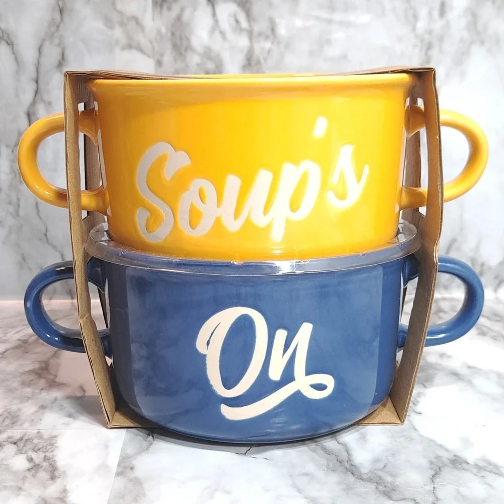 Set/2 ABODE Housewares Stoneware Bowls Yellow & Blue Soup's‎ On 20 oz